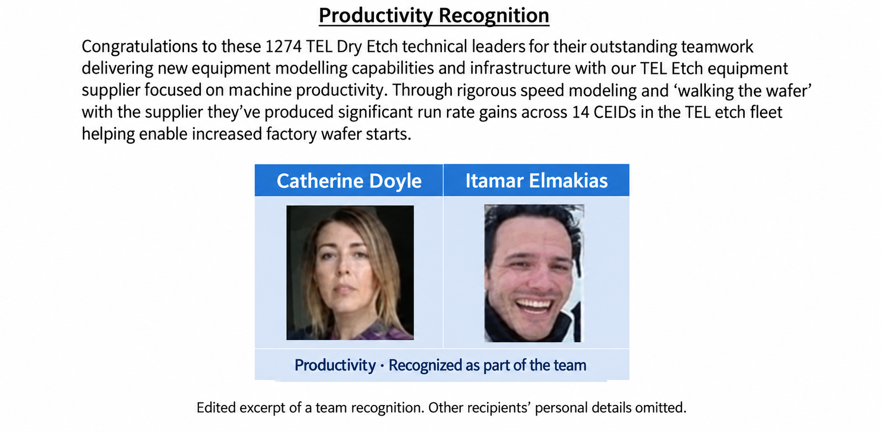 Edited excerpt of a team Productivity Recognition, featuring Catherine Doyle and Itamar Elmakias with their portraits. The team was recognized for equipment modeling and collaboration with TEL, achieving run-rate gains across 14 CEIDs and supporting increased factory wafer starts. Other recipients' personal details are omitted.